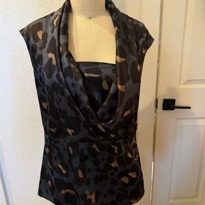 Sleeve cowl neck animal print blouse in black and tan